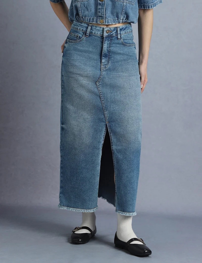 inkd Sky Why Women's Denim Skirt - Midi Skirt with Front Slit | Long Straight Fit Skirt for Women | Skirt for Woman for Women | Best Price UAE